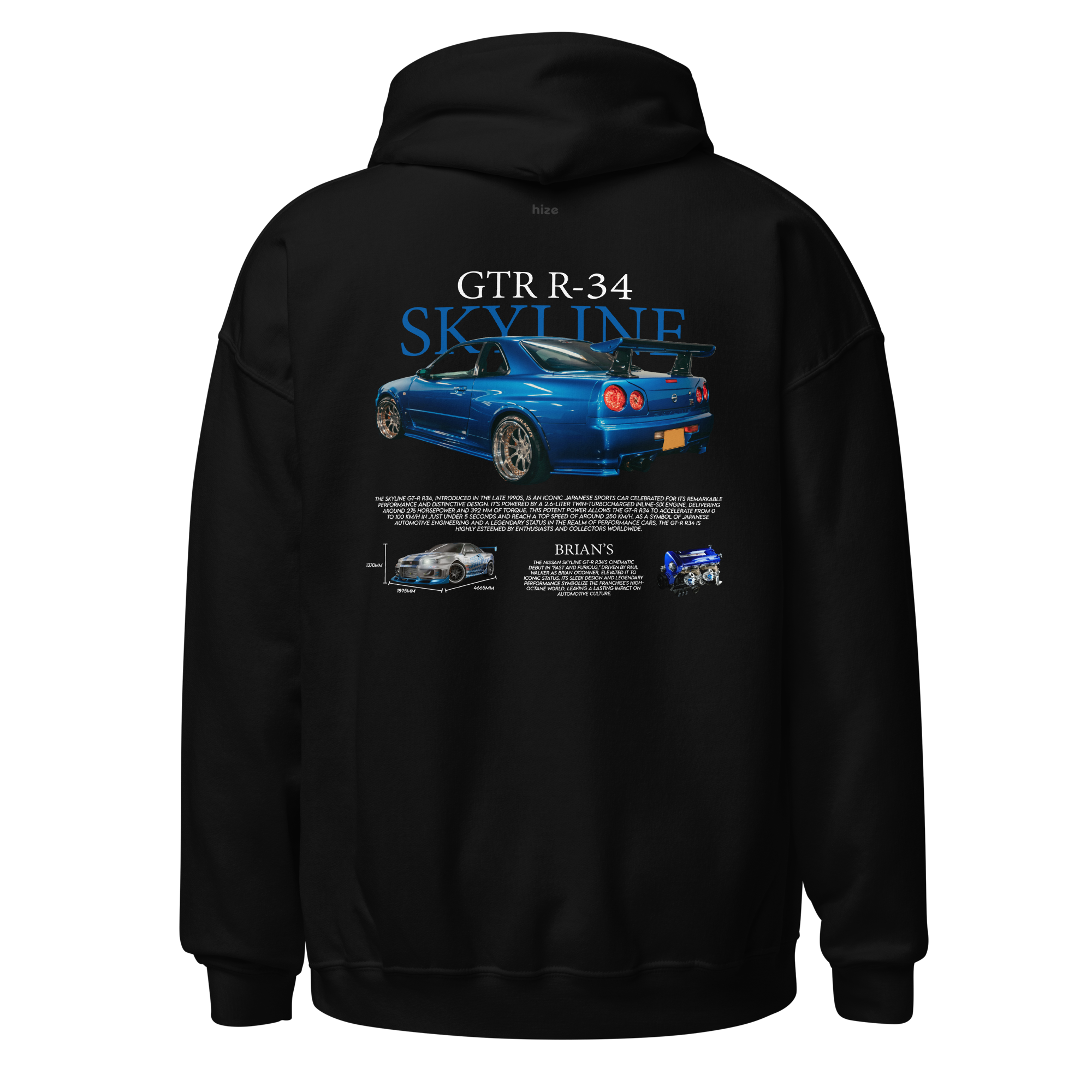 Nissan GT-R R34 Skyline Hoodie Black in Stock
