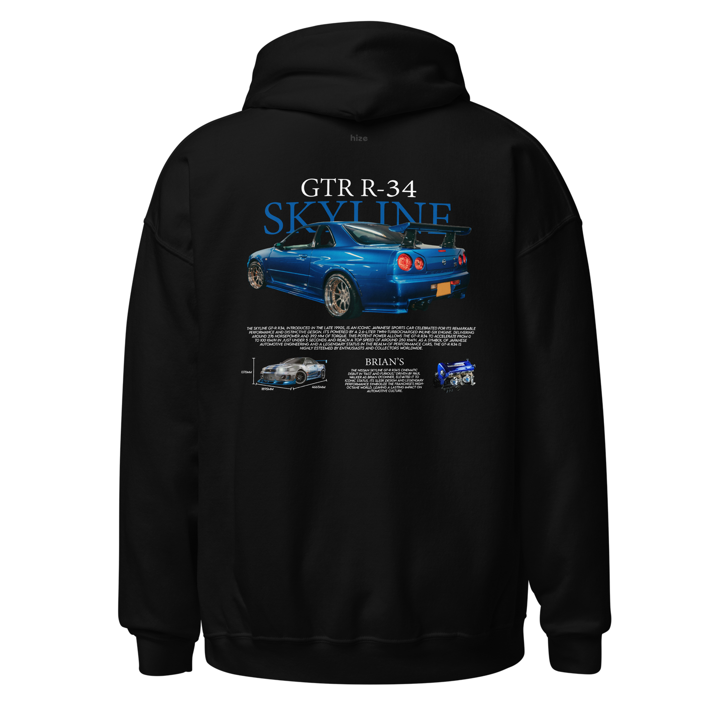 Nissan GT-R R34 Skyline Hoodie - Black Back View